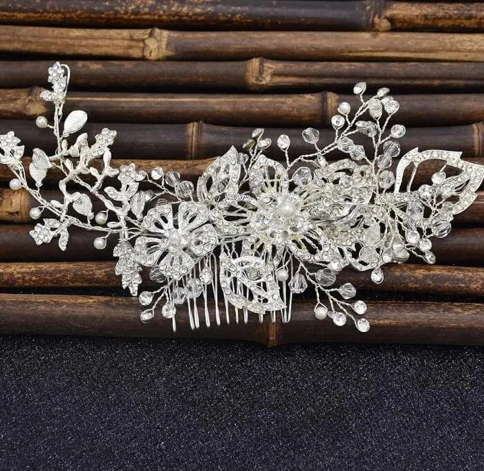 Silver Classic silver diamond crystal white pearl hair accessories wedding braided headdress party women jewelry