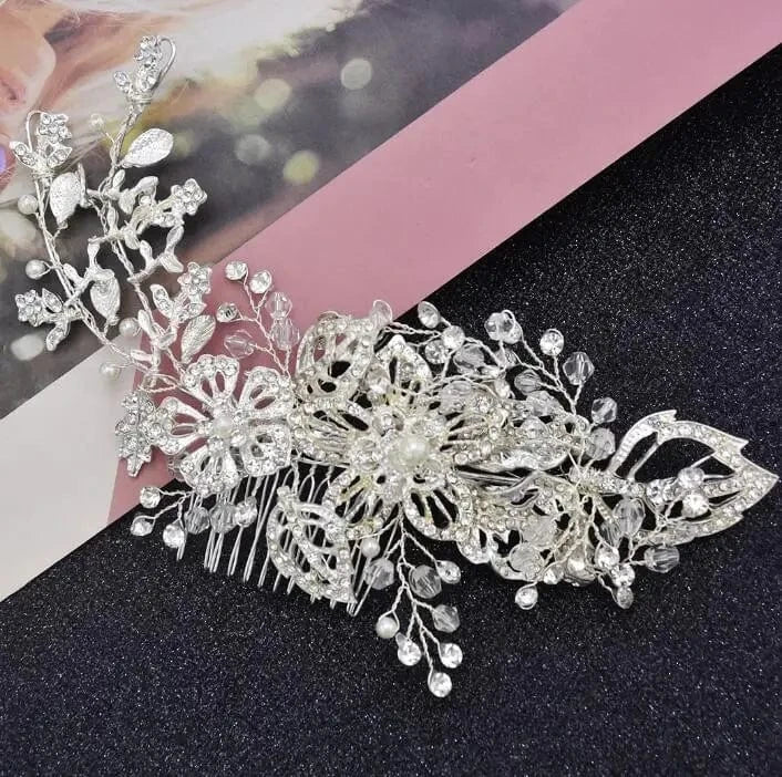 Silver Classic silver diamond crystal white pearl hair accessories wedding braided headdress party women jewelry