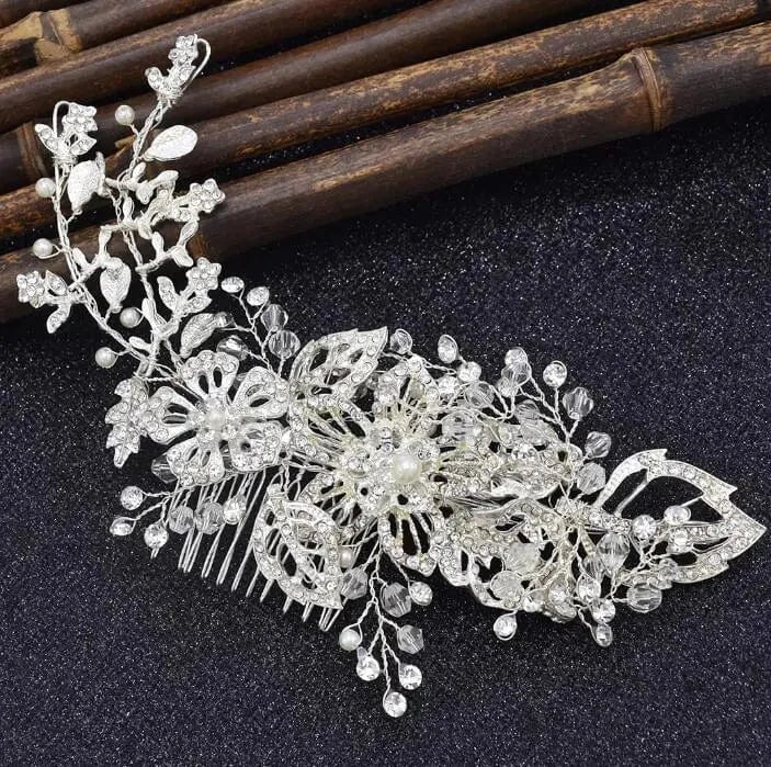Silver Classic silver diamond crystal white pearl hair accessories wedding braided headdress party women jewelry