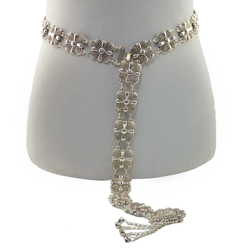 silver Flower Bells Metal Tassel fake body jewelry silver waist chain ladies waist chain