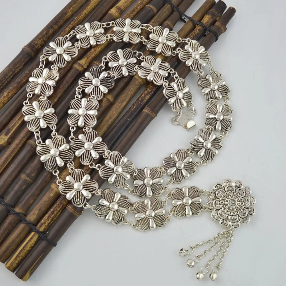 silver Flower Bells Metal Tassel fake body jewelry silver waist chain ladies waist chain