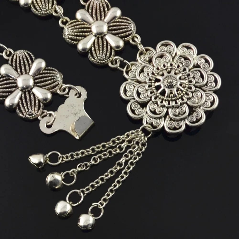 silver Flower Bells Metal Tassel fake body jewelry silver waist chain ladies waist chain