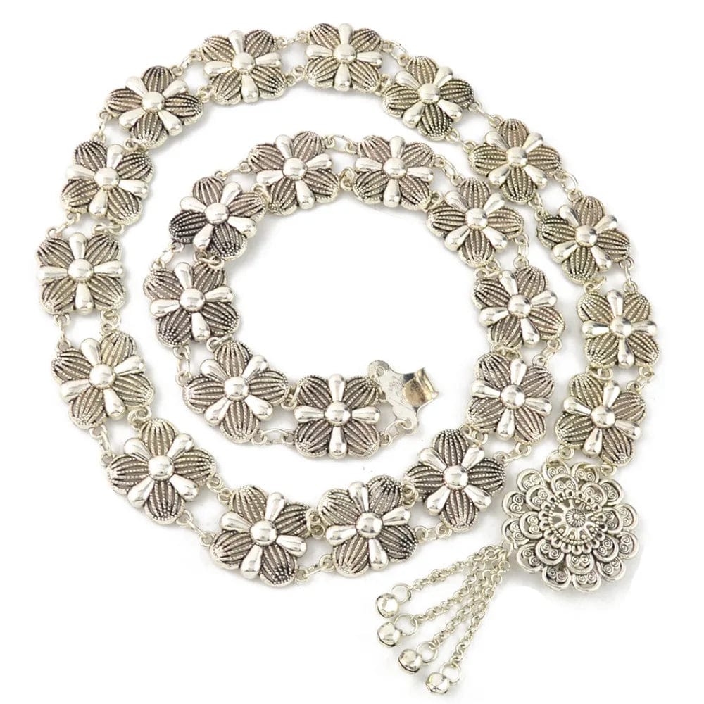 silver Flower Bells Metal Tassel fake body jewelry silver waist chain ladies waist chain