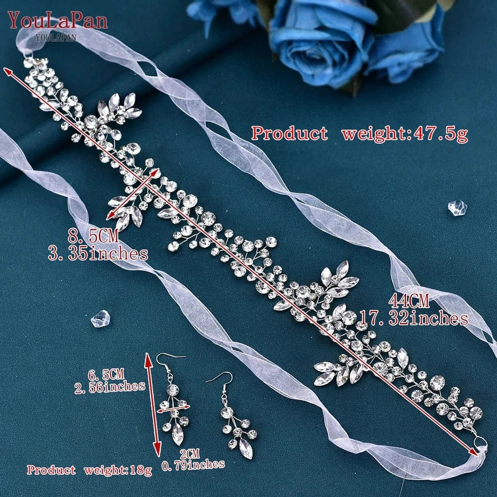 Silver-hair band+earring YouLaPan HP259 Fashion Party Hair Vine Wedding Hair Accessories Women Rhinestone Chain Hair Band Bridal Headdress