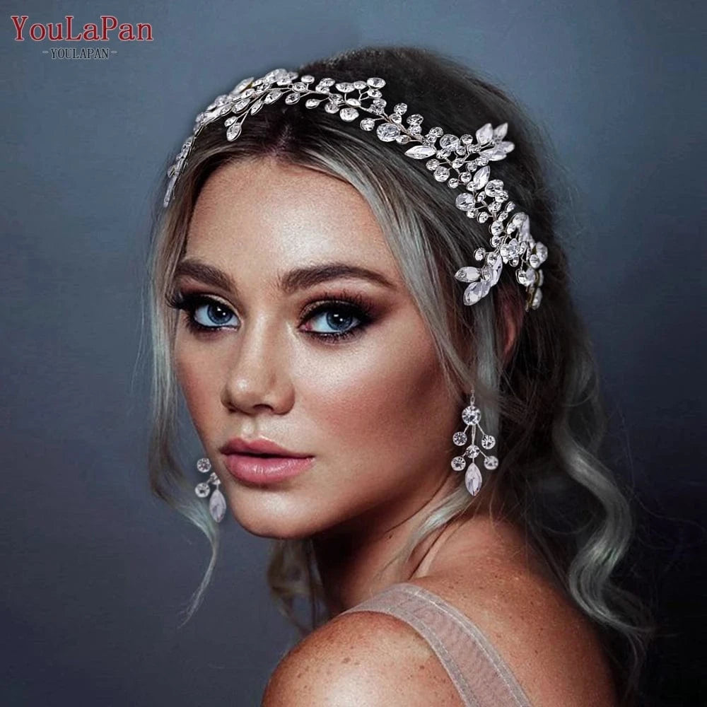 Silver-hair band+earring YouLaPan HP259 Fashion Party Hair Vine Wedding Hair Accessories Women Rhinestone Chain Hair Band Bridal Headdress