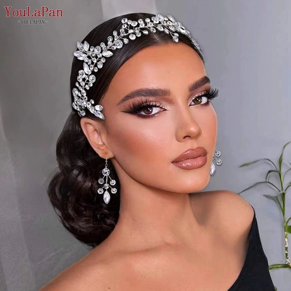 Silver-hair band+earring YouLaPan HP259 Fashion Party Hair Vine Wedding Hair Accessories Women Rhinestone Chain Hair Band Bridal Headdress