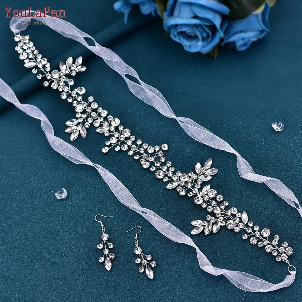 Silver-hair band+earring YouLaPan HP259 Fashion Party Hair Vine Wedding Hair Accessories Women Rhinestone Chain Hair Band Bridal Headdress