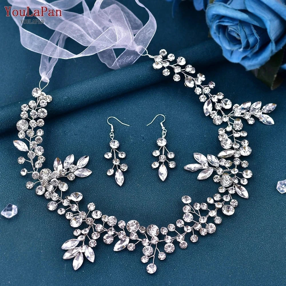 Silver-hair band+earring YouLaPan HP259 Fashion Party Hair Vine Wedding Hair Accessories Women Rhinestone Chain Hair Band Bridal Headdress