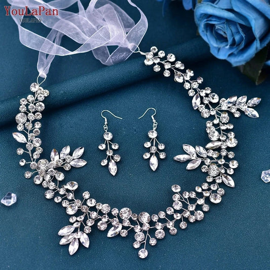 Silver-hair band+earring YouLaPan HP259 Fashion Party Hair Vine Wedding Hair Accessories Women Rhinestone Chain Hair Band Bridal Headdress