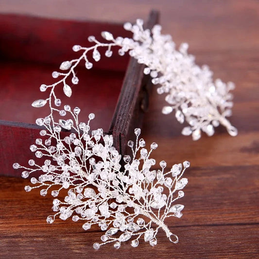 silver Handmade Beaded Crystal Headband Party Bride Tiara Jewelry Wedding Hair Accessories