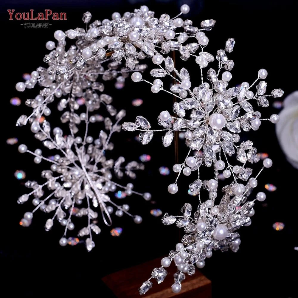 Silver-headband YouLaPan HP389-P Exquisite Wedding Pageant Headwear Rhinestone Pearls Flower Headband With Earings Bridal Hair Tiara
