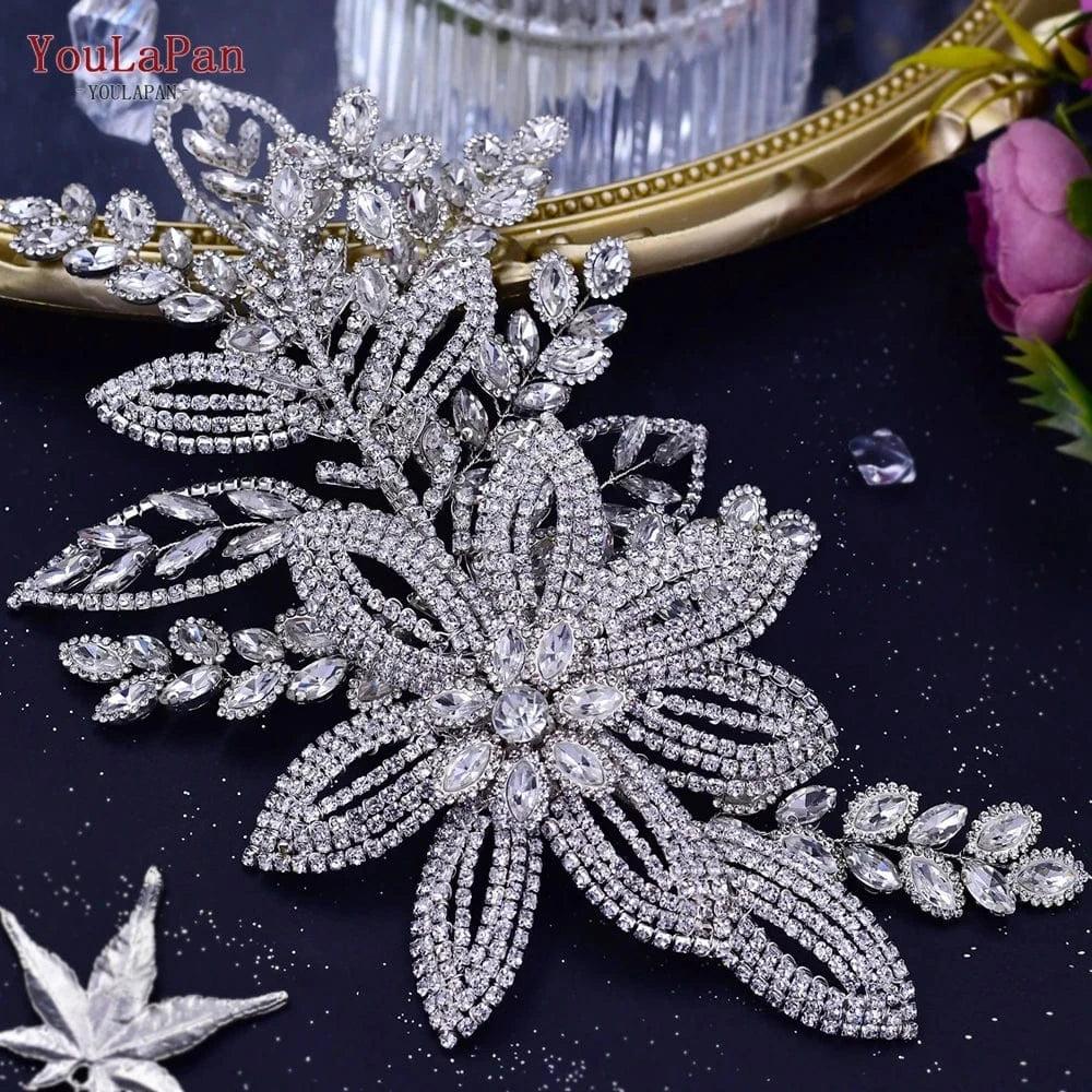 Silver-left YouLaPan HP427 Luxurious Woman Hair Accessories Handmade Rhinestone Flowers Big Hair Pieces Beauty Wedding Bridal Headwear