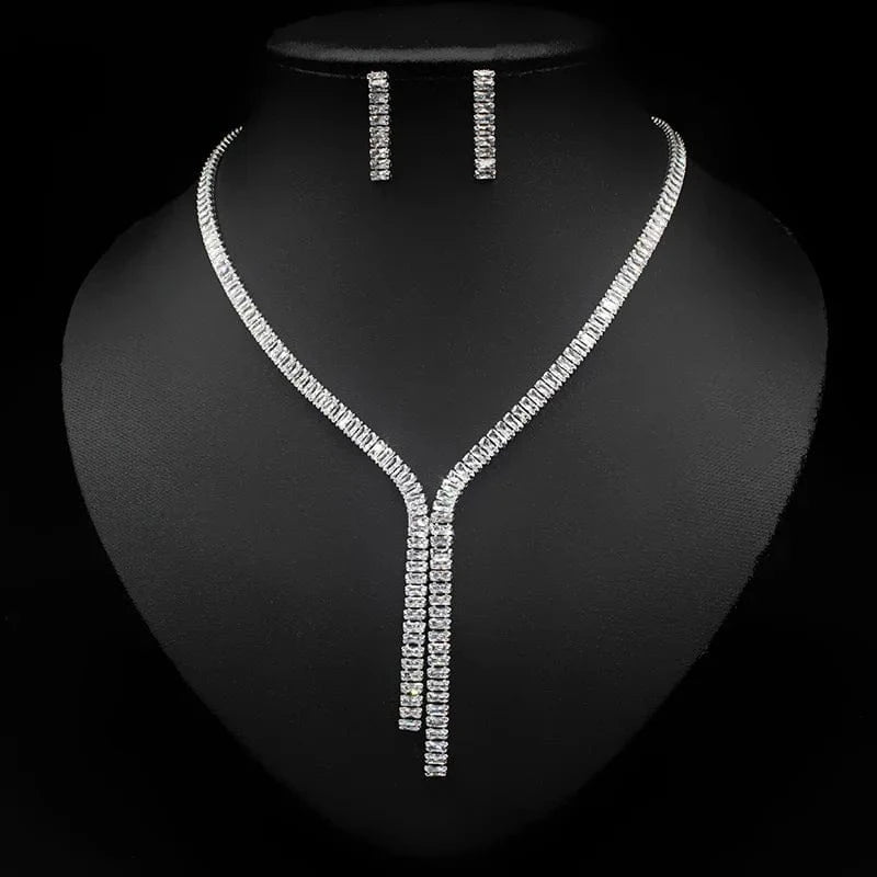 silver Luxury Delicate Copper Zircon Jewelry Set Pendant Necklace Stud Earring Women Fashion Bridal Engagement Wedding Jewelry Set