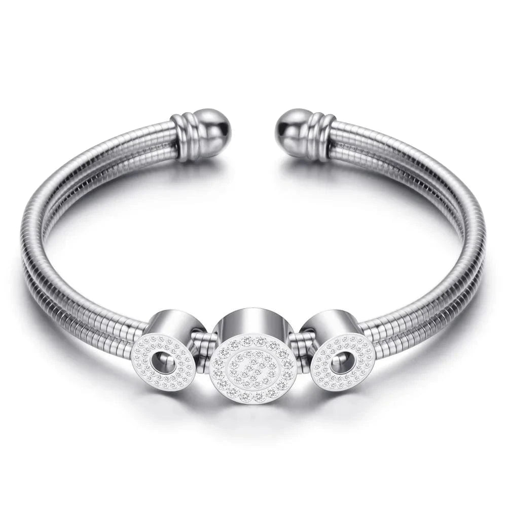 silver LWI61629 Women High Quality Stainless Steel Double Layers Snake Chain Crystal Charm Cubic Zirconia Open Cuff Bracelet Bangle