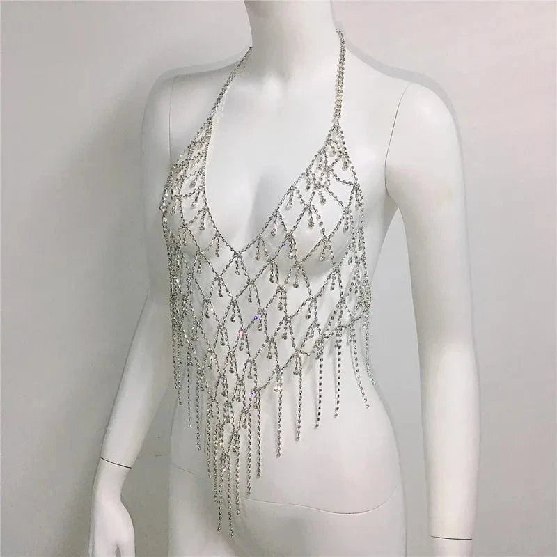 silver LWZ30088 Women Rhinestone Sexy lingerie Body Chain Tassel Bra Jewelry Party Nightclub Shiny Diamond Backless Halter Bralette Top