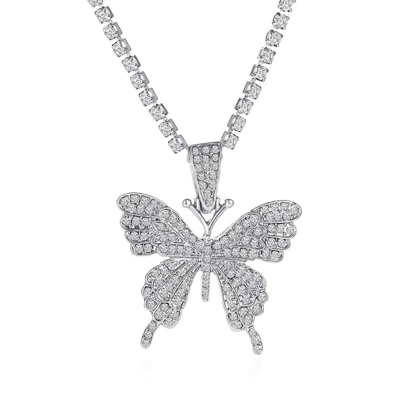 silver Men Women Fully Iced Out Lab 3D Diamond Butterfly Pendant Necklace With Tennis Chian Cheap Wholesale
