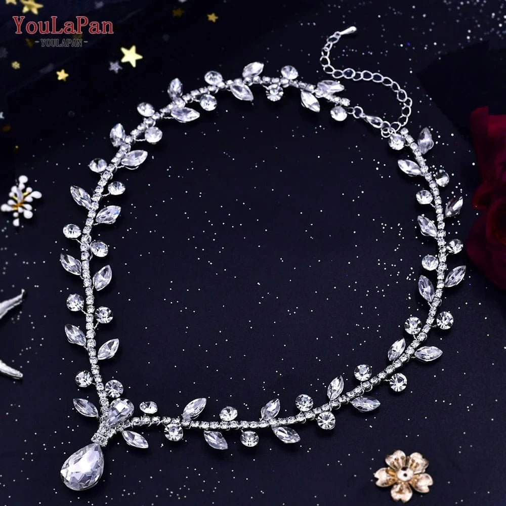 Silver-necklace YouLaPan HP465 Bohemian Rhinestone Hair Accessories Wholesale Price Silver Pendant Headpiece for Wedding Party Bridal Hair Comb