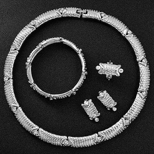 silver Nigeria Jewelry Sets For Women Necklace Earrings Ring Bracelet Ethnic Geometric Engagement Gift zirconia jewelry set for wedding