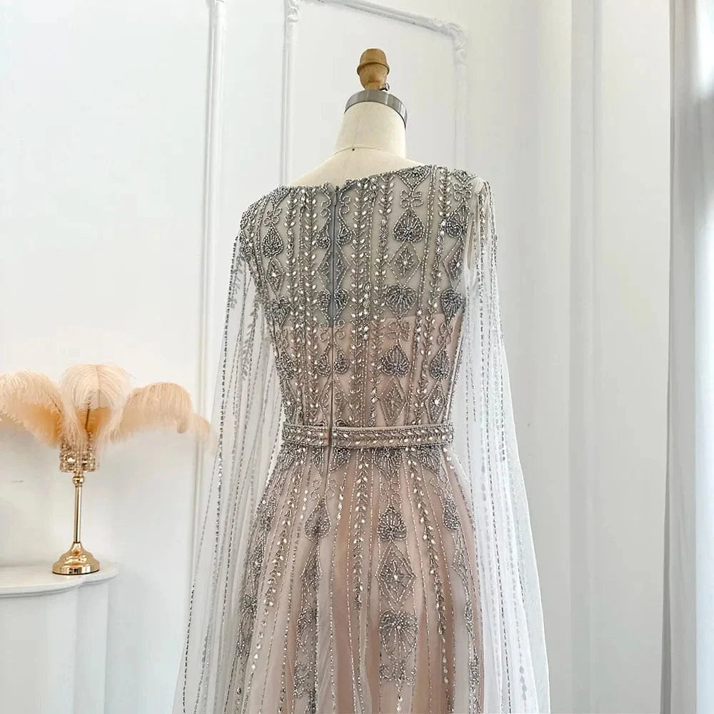 Silver Nude Arabic Evening Dress With Cape Sleeve Luxury Crystal Dubai Formal Dresses For Women Wedding Party Sz069
