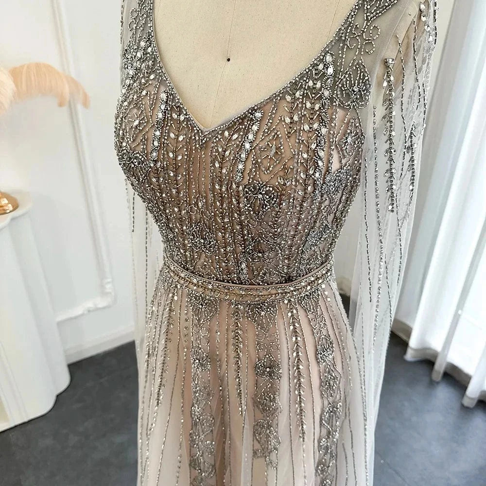 Silver Nude Arabic Evening Dress With Cape Sleeve Luxury Crystal Dubai Formal Dresses For Women Wedding Party Sz069