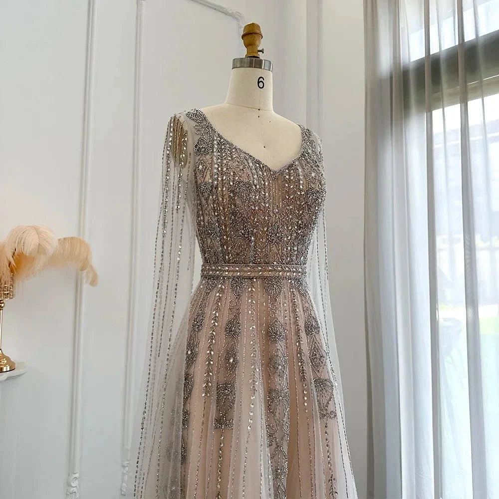 Silver Nude Arabic Evening Dress With Cape Sleeve Luxury Crystal Dubai Formal Dresses For Women Wedding Party Sz069