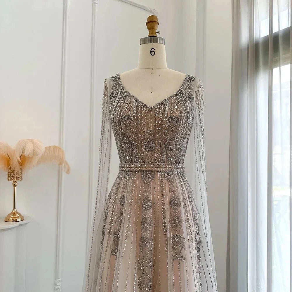 Silver Nude Arabic Evening Dress With Cape Sleeve Luxury Crystal Dubai Formal Dresses For Women Wedding Party Sz069