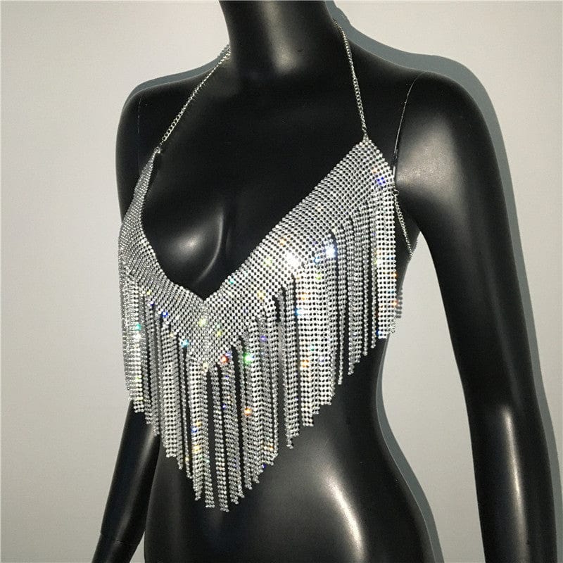 silver / One size fit all SHIHAN 7 Colors New arrival diamante chainmail neck top bra body chain jewelry for women sparkle bras body jewelry