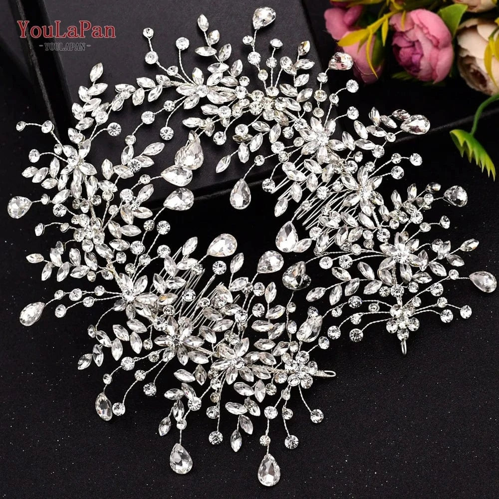 Silver-pairs Youlapan HP379-S Pair of Handmade Rhinestone Flower Hair Combs Shiny Pageant Wedding Side Hair Accessories Bridal Hairpieces