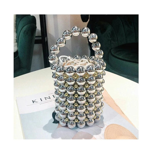 Silver Peals Beaded Handbags Handmade Lady Purse Beading Women Portable Mini Tote Beach Bag Luxury Brand Shoulder Crossbody bags