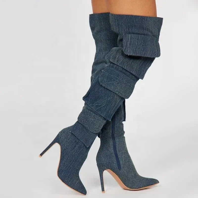 Silver Prints Women's Over Knee High Thin Heels Size 44 Pockets Boots Pointed Toe Camouflage Shoes Stiletto Denim Long Booties