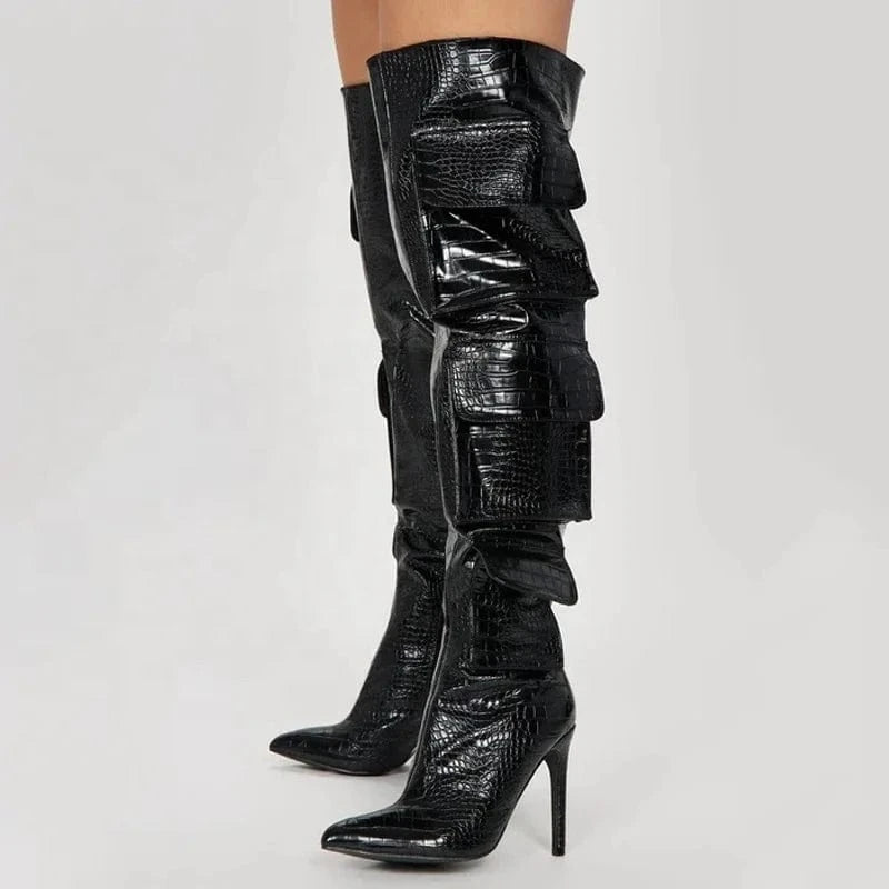 Silver Prints Women's Over Knee High Thin Heels Size 44 Pockets Boots Pointed Toe Camouflage Shoes Stiletto Denim Long Booties