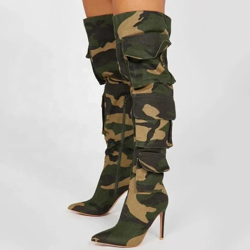 Silver Prints Women's Over Knee High Thin Heels Size 44 Pockets Boots Pointed Toe Camouflage Shoes Stiletto Denim Long Booties
