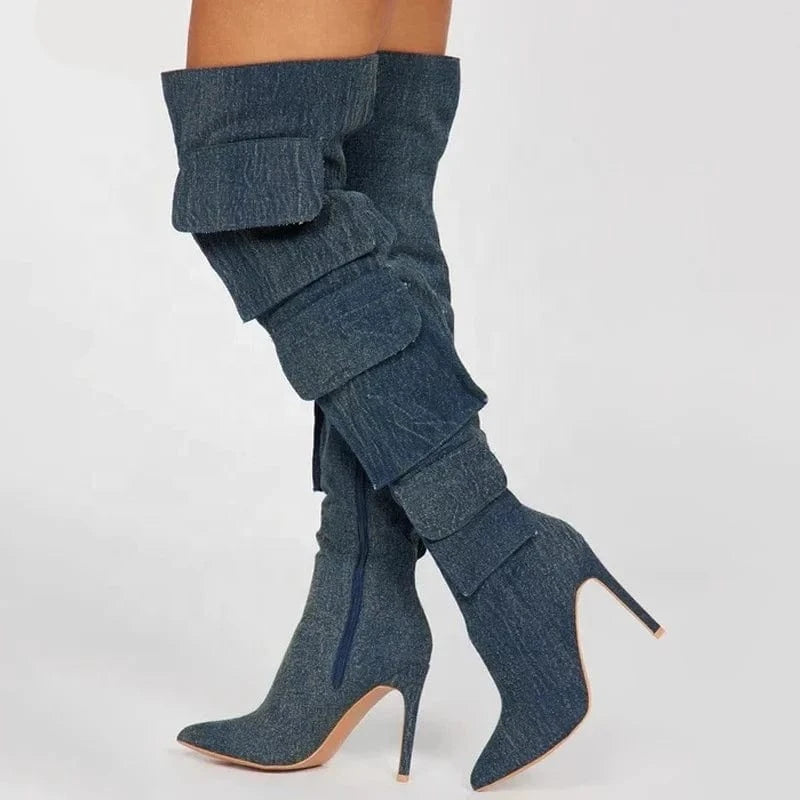 Silver Prints Women's Over Knee High Thin Heels Size 44 Pockets Boots Pointed Toe Camouflage Shoes Stiletto Denim Long Booties