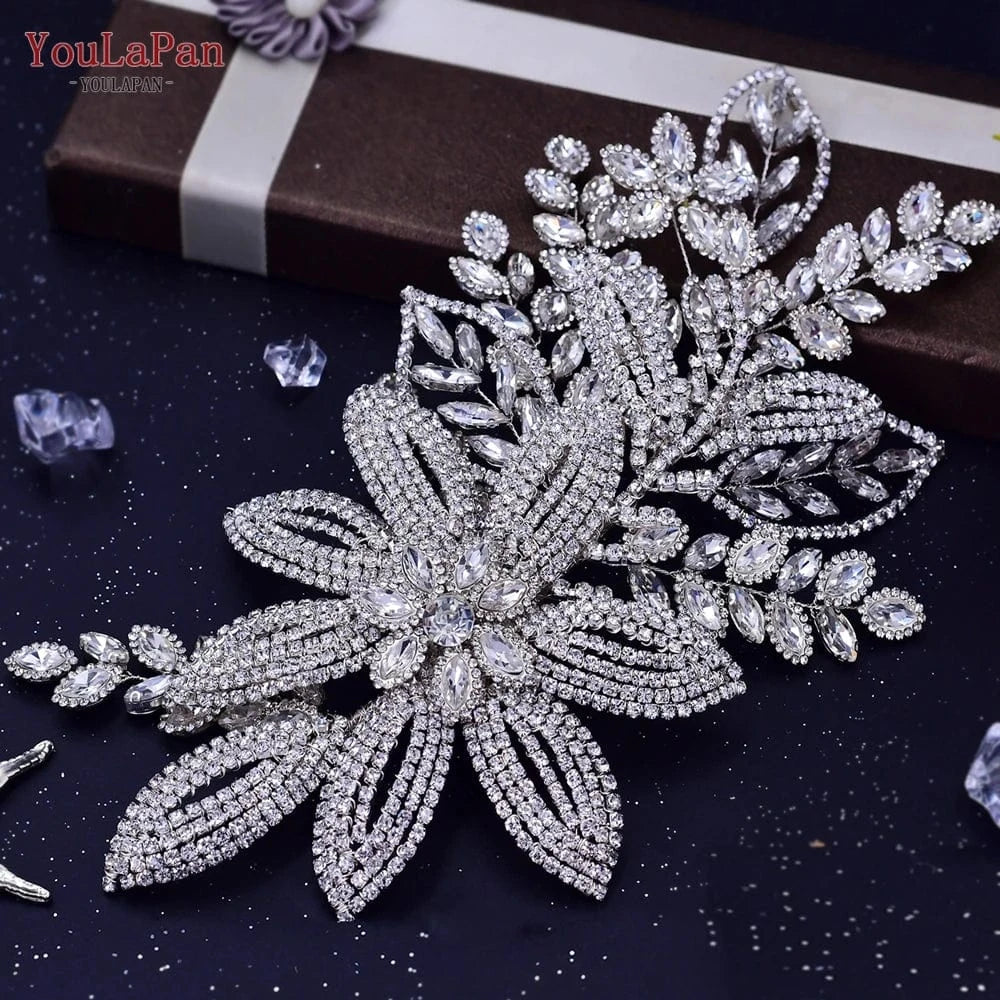 silver-right YouLaPan HP427 Luxurious Woman Hair Accessories Handmade Rhinestone Flowers Big Hair Pieces Beauty Wedding Bridal Headwear