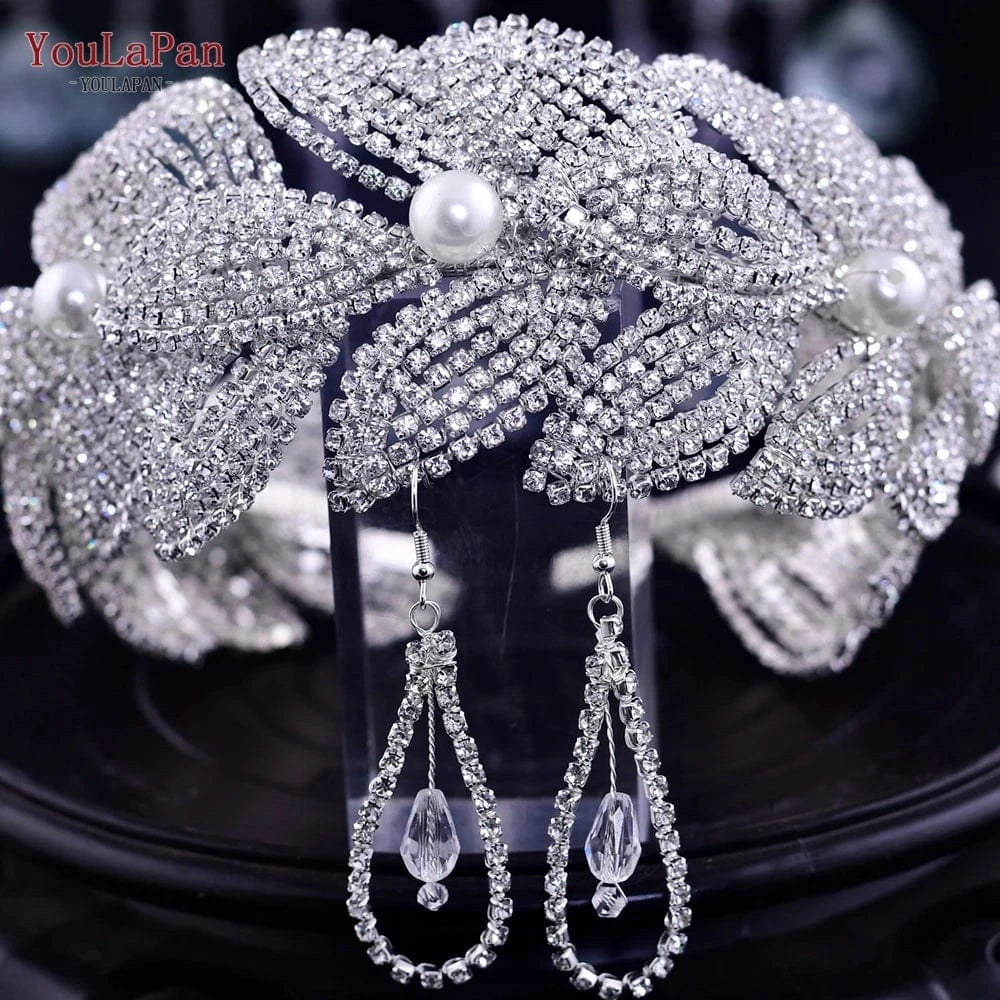Silver-set(1 crown+1 earring) YouLaPan HP366 Diamond Pearl Hair Piece Crown Ladies Hair Jewelry Luxury Party Wedding Headband Bridal Headdress