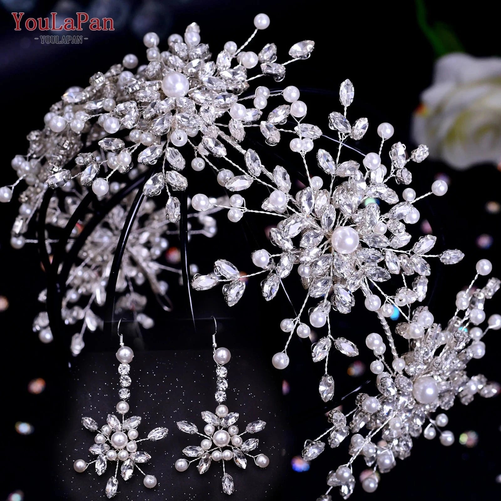 Silver- set(1 headband+1 earring) YouLaPan HP389-P Exquisite Wedding Pageant Headwear Rhinestone Pearls Flower Headband With Earings Bridal Hair Tiara