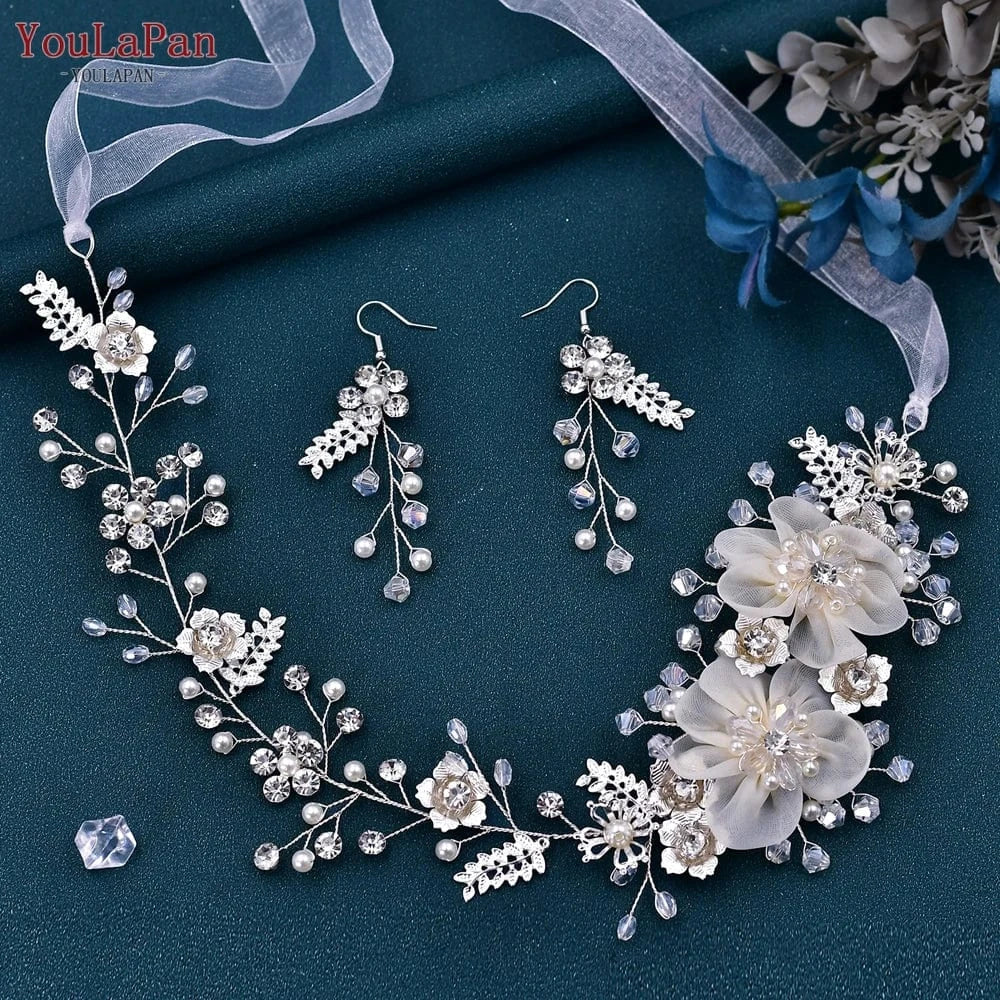 silver-set Youlapan HP275 Elegant Female Hair Accessories Headband Wedding Headdress Set Bridal Hair Band Alloy and Crystal Flowers Polybag