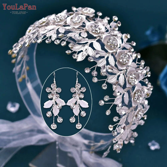 Silver-set YouLaPan HP349 Stage Styling Woman Headwear Bridal Silver Hair Piece Earrings Set Alloy Flower Wedding Headband