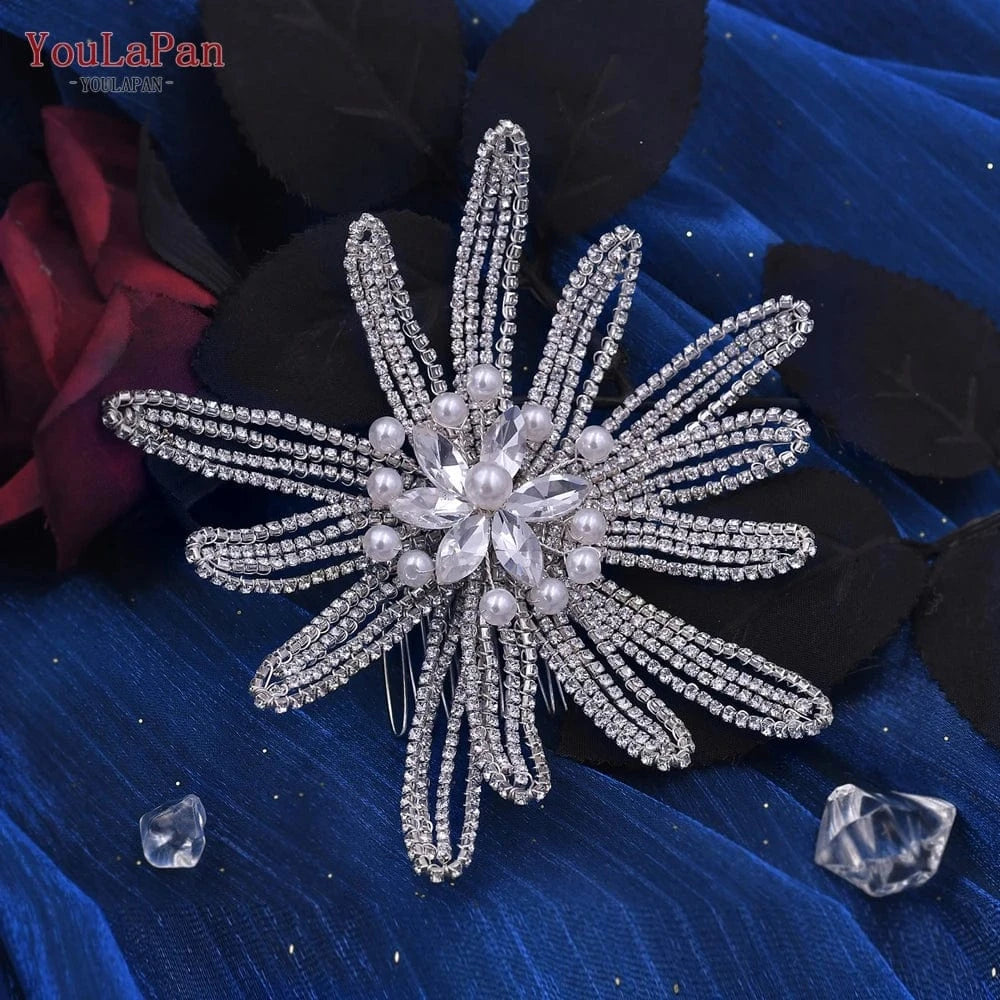 Silver-set Youlapan HP473 Bridal Hair Accessories Three-Piece Set Silver Rhinestone Flower Pearl Hair Comb Women Party Wedding Hairpieces
