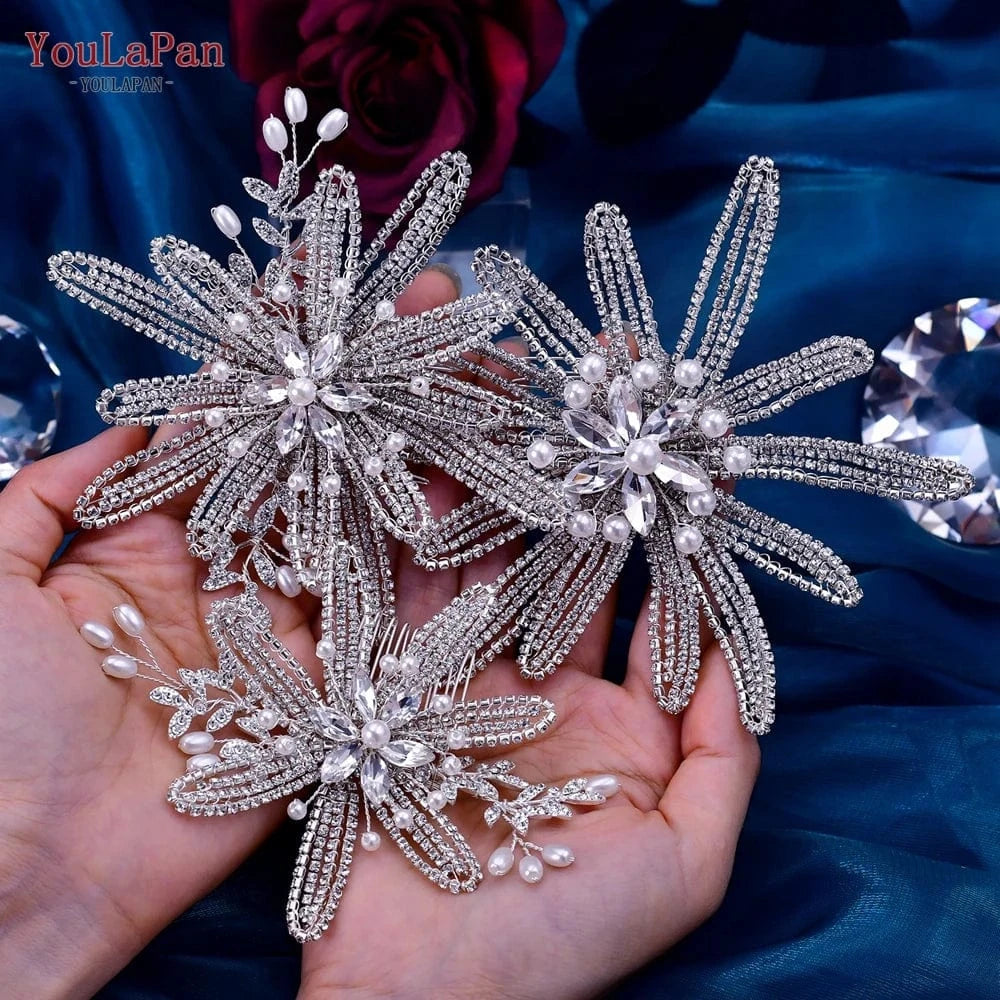 Silver-set Youlapan HP473 Bridal Hair Accessories Three-Piece Set Silver Rhinestone Flower Pearl Hair Comb Women Party Wedding Hairpieces