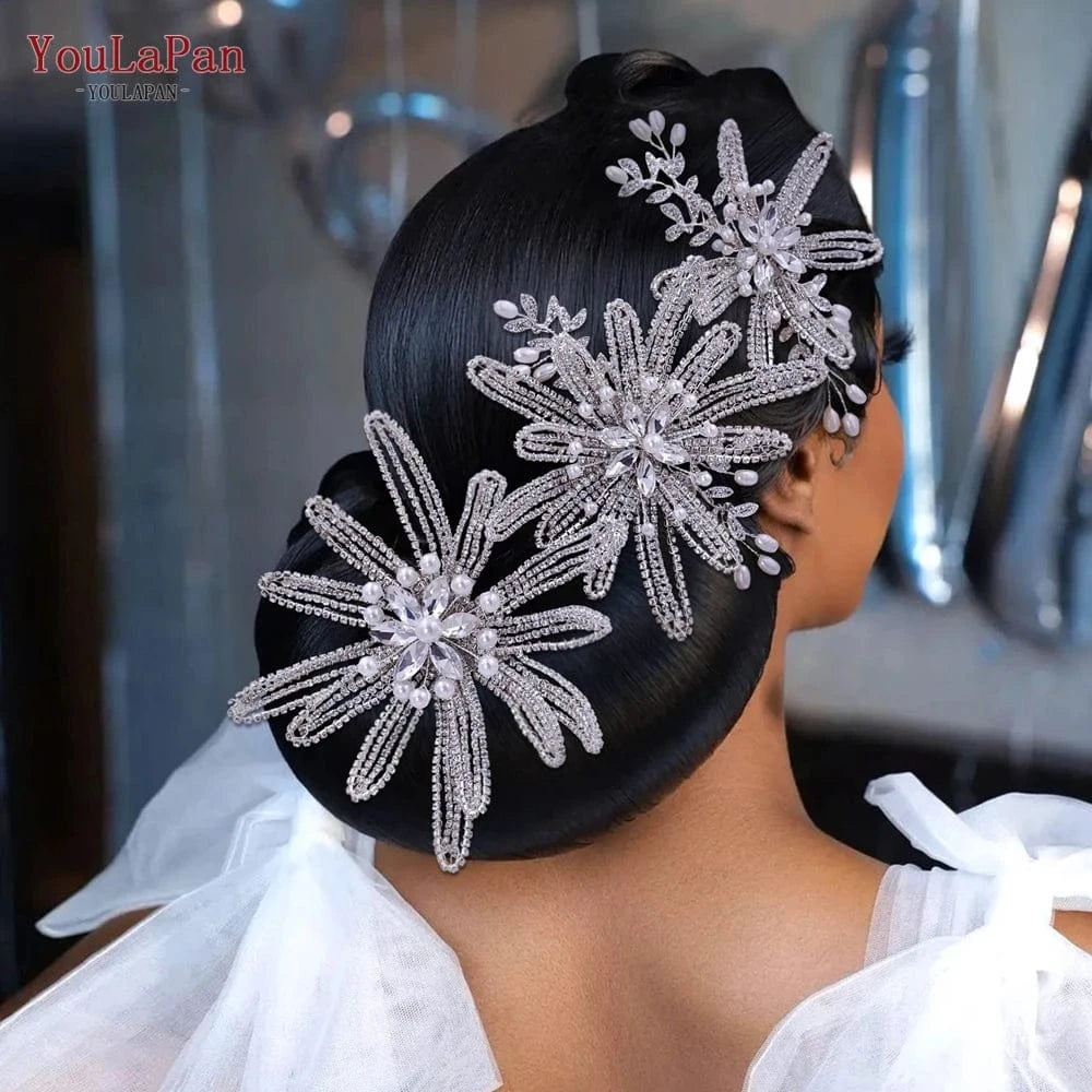 Silver-set Youlapan HP473 Bridal Hair Accessories Three-Piece Set Silver Rhinestone Flower Pearl Hair Comb Women Party Wedding Hairpieces
