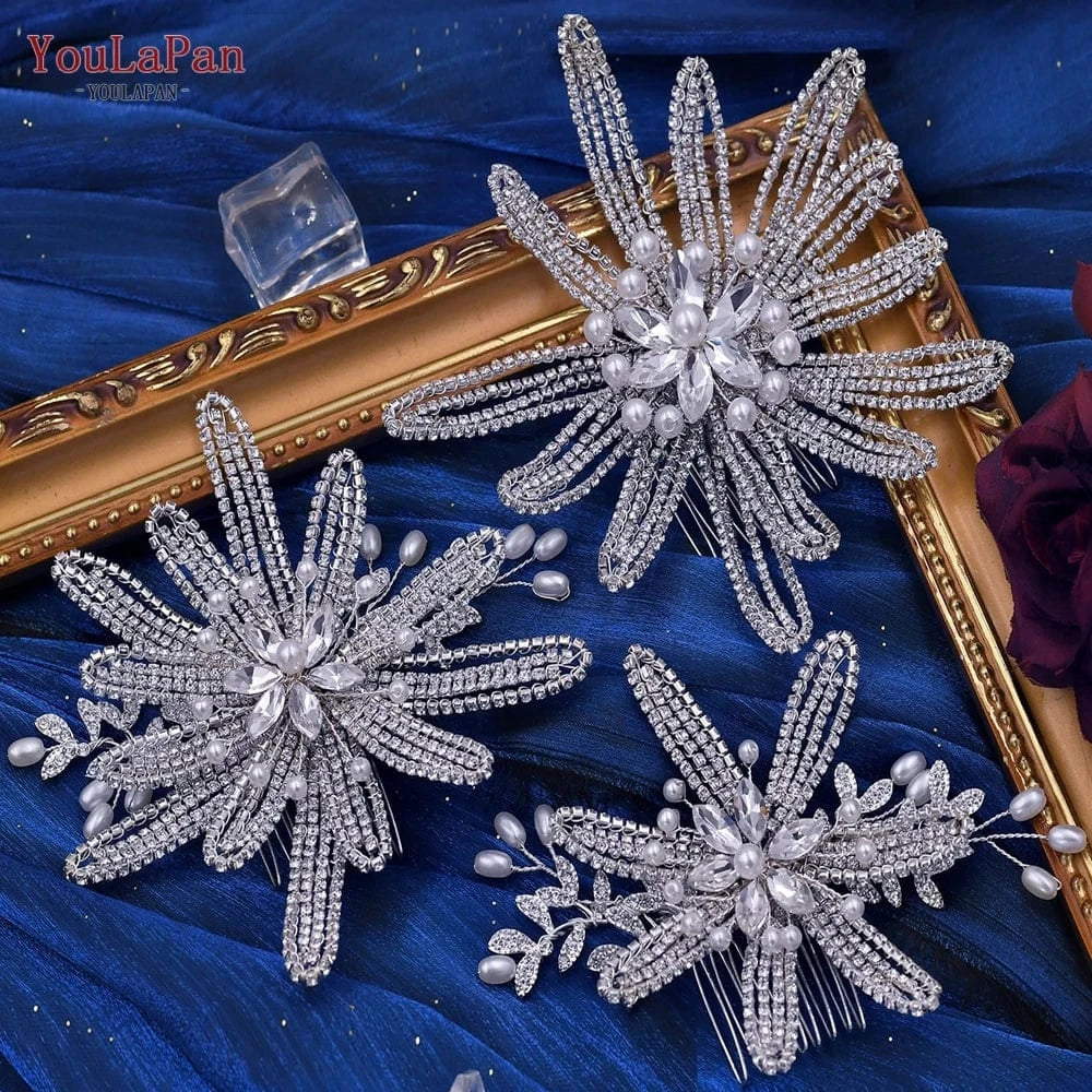 Silver-set Youlapan HP473 Bridal Hair Accessories Three-Piece Set Silver Rhinestone Flower Pearl Hair Comb Women Party Wedding Hairpieces