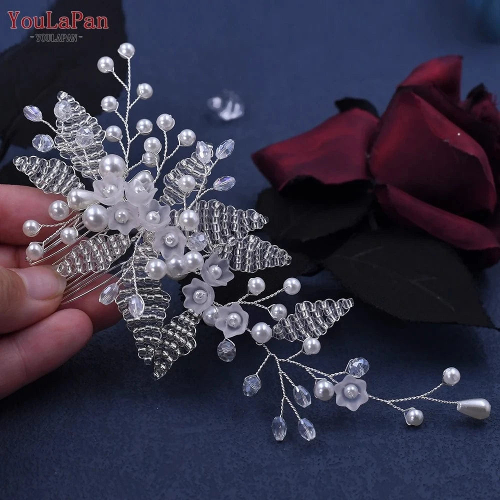 silver YouLaPan HP135 Party Prom Headpiece Flower Crystal Beaded Women Hair Accessories Bridal Wedding Hair Comb Fancy Headwear