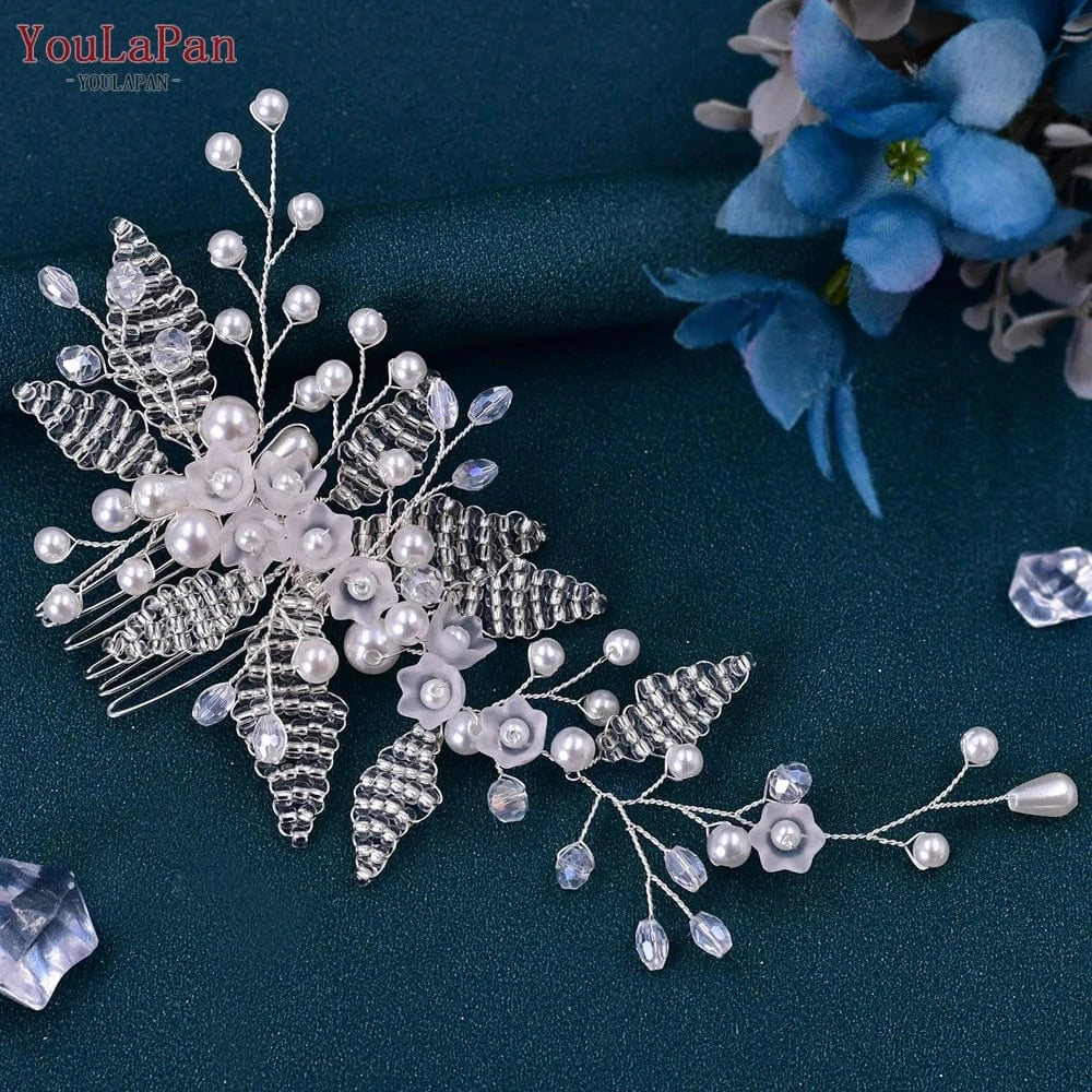 silver YouLaPan HP135 Party Prom Headpiece Flower Crystal Beaded Women Hair Accessories Bridal Wedding Hair Comb Fancy Headwear