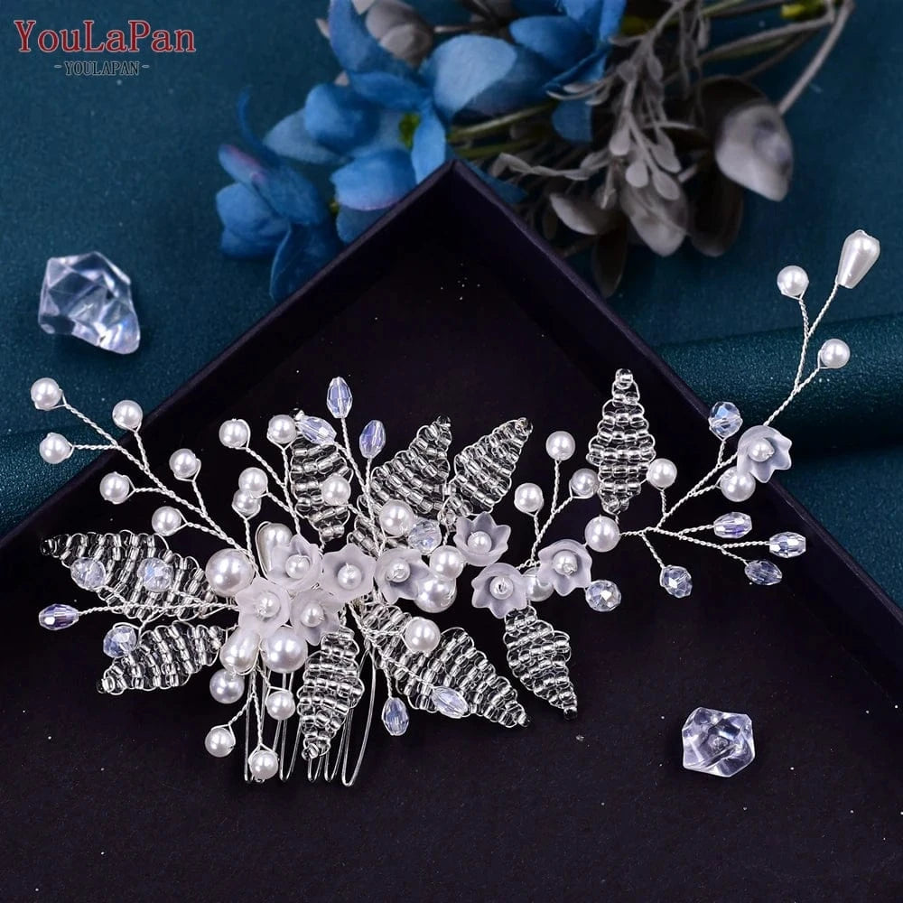 silver YouLaPan HP135 Party Prom Headpiece Flower Crystal Beaded Women Hair Accessories Bridal Wedding Hair Comb Fancy Headwear