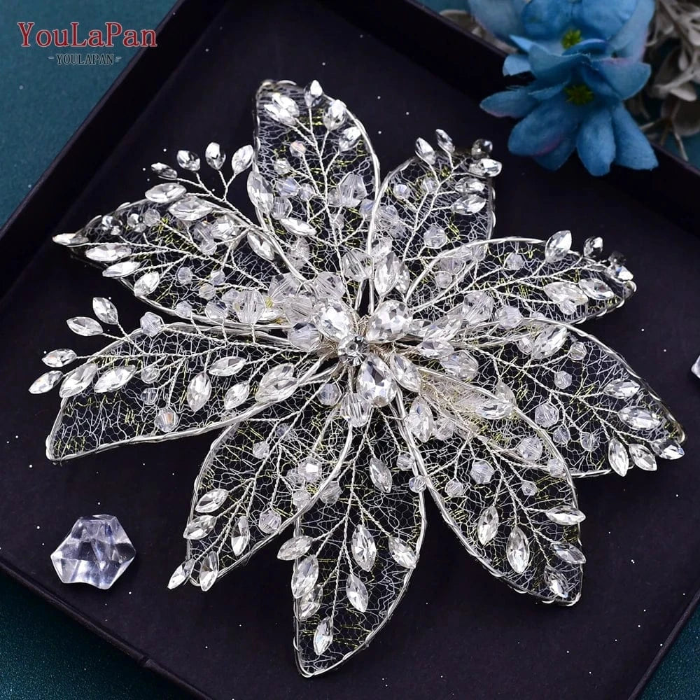 silver YouLaPan HP217 Popular Simulation Hollow Flower Women Hair Clips Party Hair Accessories Crystal Rhinestone Bridal Headpiece