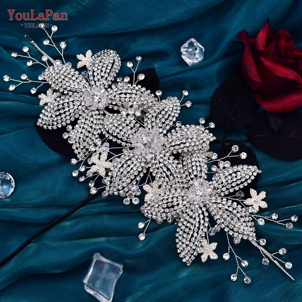 Silver YouLaPan HP252 Beautiful Bridal Hair Accessories Gold Silver Rhinestone 3 Flowers Hair Pieces Women Wedding Jewelry Headbands