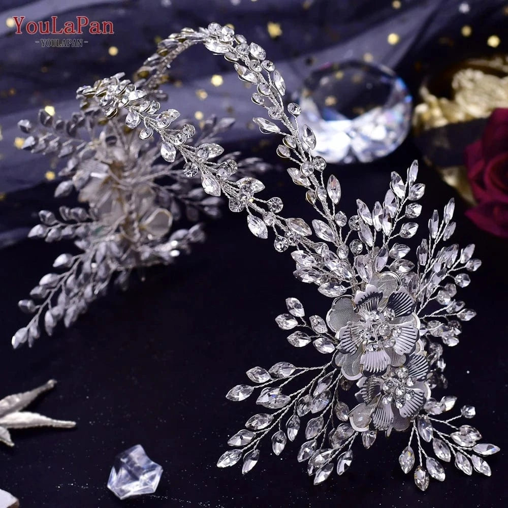 silver YouLaPan HP284 Fashion Alloy Flower Woman Headwear Beauty Pageant Wedding Hair Band Sparkling Rhinestone Bridal Headband