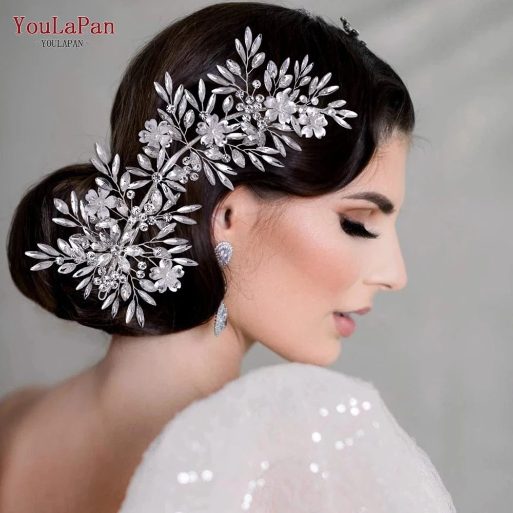 silver YouLaPan HP289 Bridal Wedding Hair Accessories Silver Rhinestone Flower Long Headwear Women Party Evening Side Headpiece