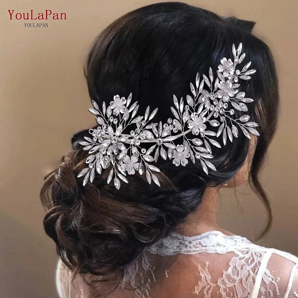 silver YouLaPan HP289 Bridal Wedding Hair Accessories Silver Rhinestone Flower Long Headwear Women Party Evening Side Headpiece